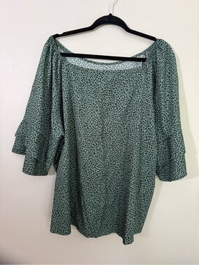 Green Leopard Print Ruffle Sleeve Top